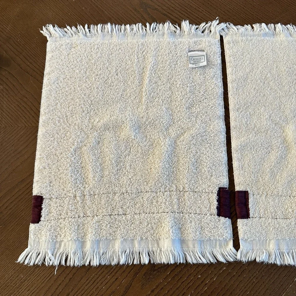2 Croscill Hand Towels Purple‎ Band Cotton White India Grannycore 17'' x 13''